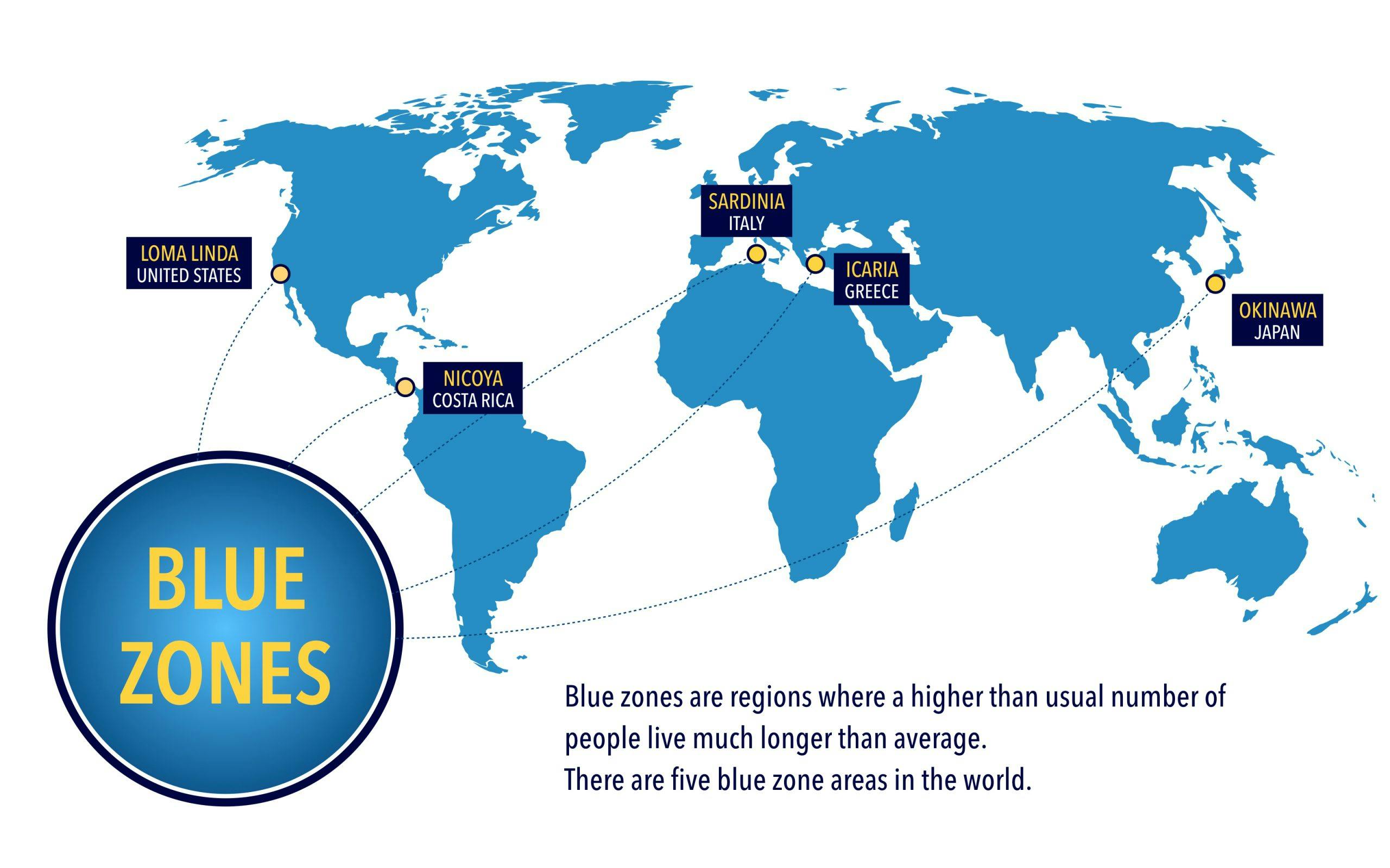 Map of the blue zones including USA, Italy, Greece, Costa Rica an and Japan.