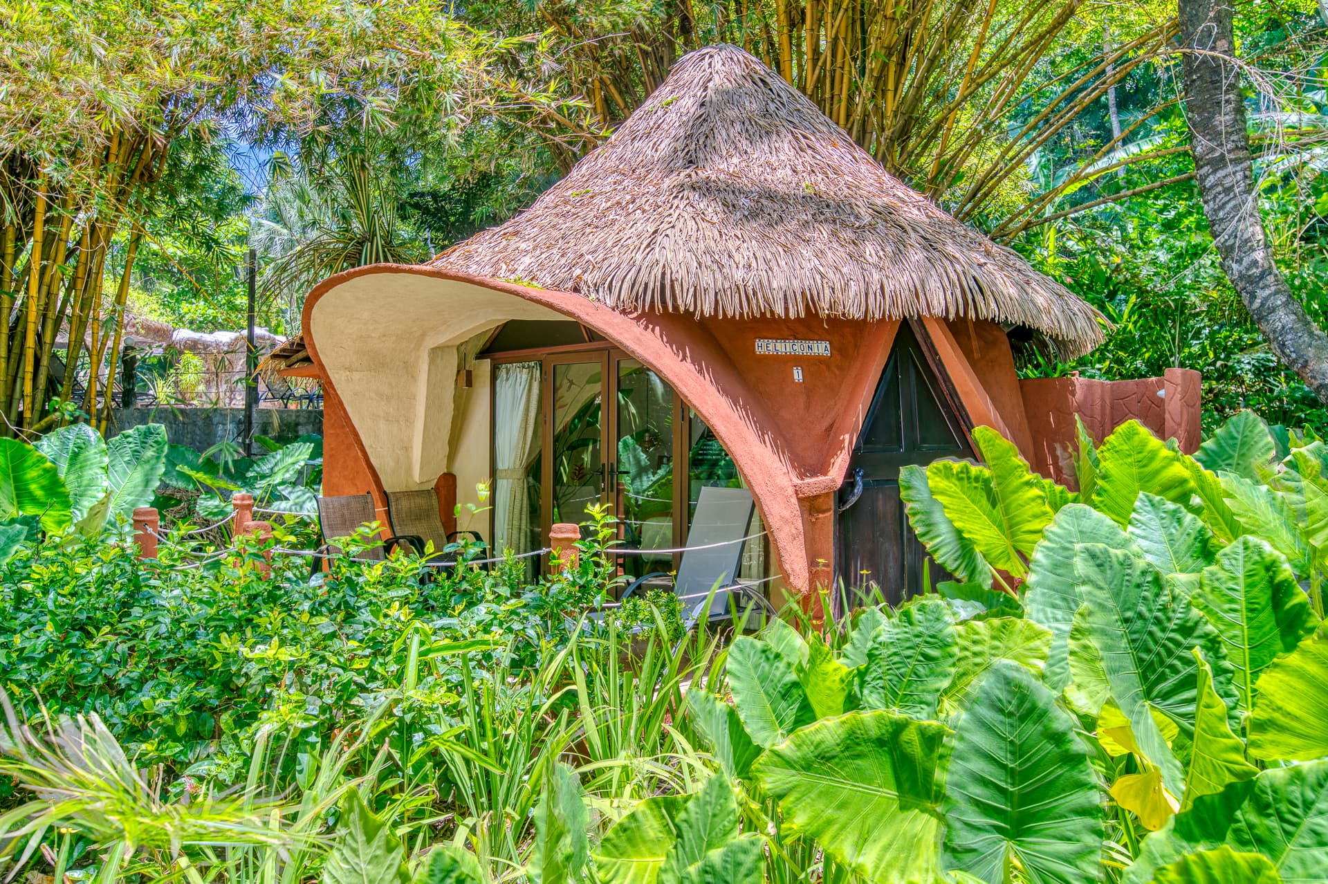 Bungalow surrounded by lush tropical jungle