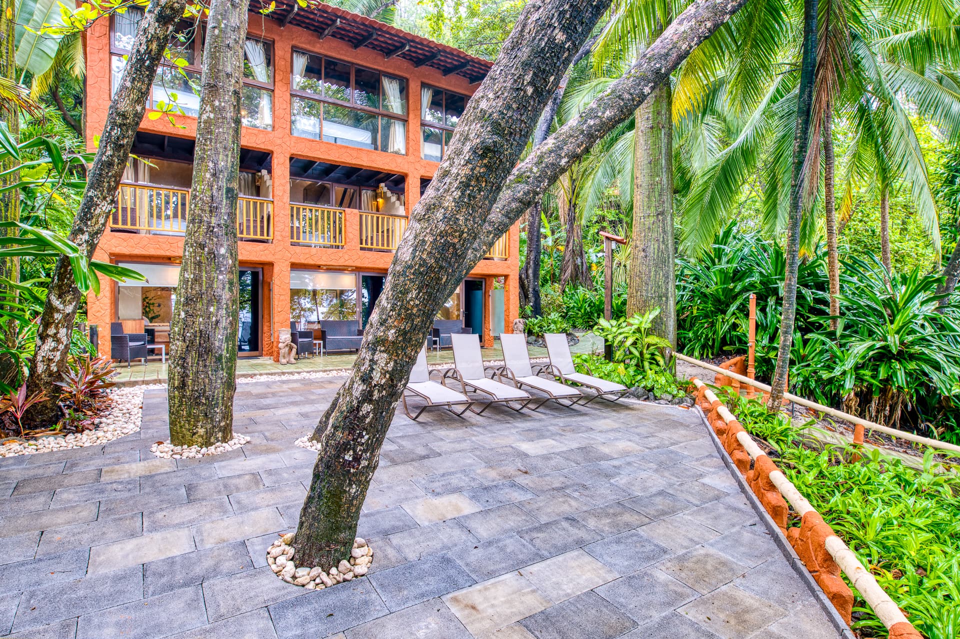 Terrace overlooking the beach at Ylang Ylang Beach Resort in Costa Rica
