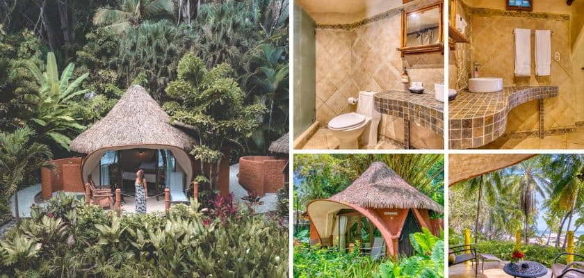 A tropical resort featuring a thatched-roof bungalow surrounded by lush greenery and various views of its interior and exterior.