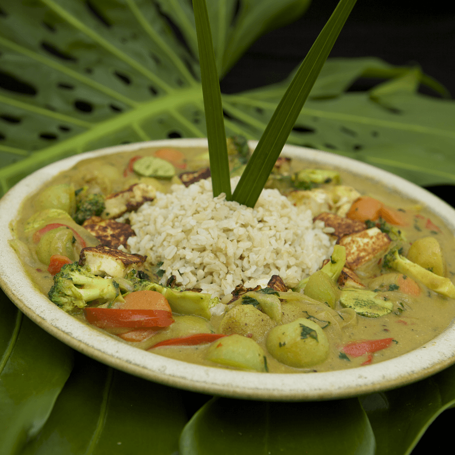 Vegan soup with peppers, broccoli, and rice