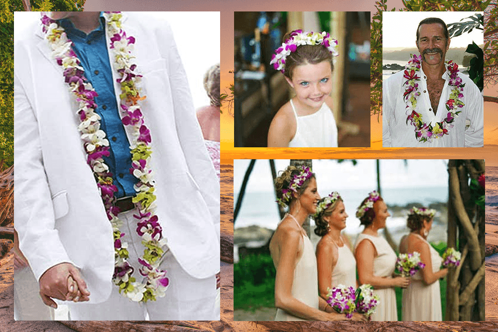 Two men in white tops with pink and purple leis.  4 bridesmaids wearing floral crowns holding bouquets and a little girl with a pink and white crown of flowers.