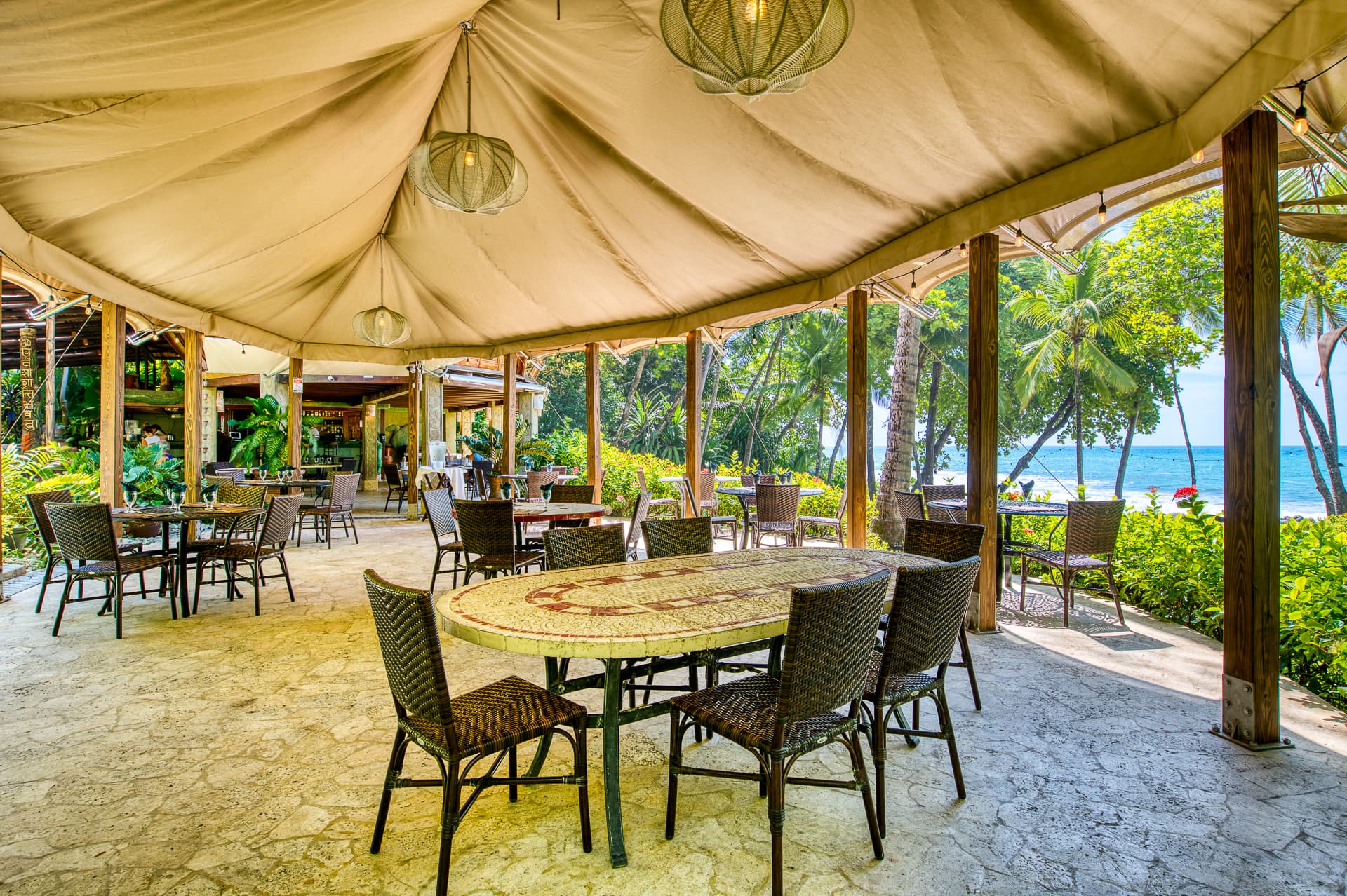 interior table for seating for six under awning