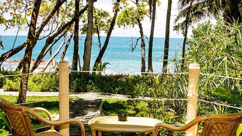 A scenic view of the ocean framed by lush greenery, with a small table and two chairs in the foreground.