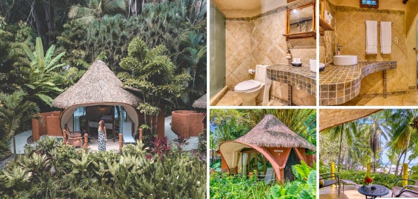A tropical vacation rental featuring a thatched-roof bungalow surrounded by lush greenery and a stylish interior bathroom.