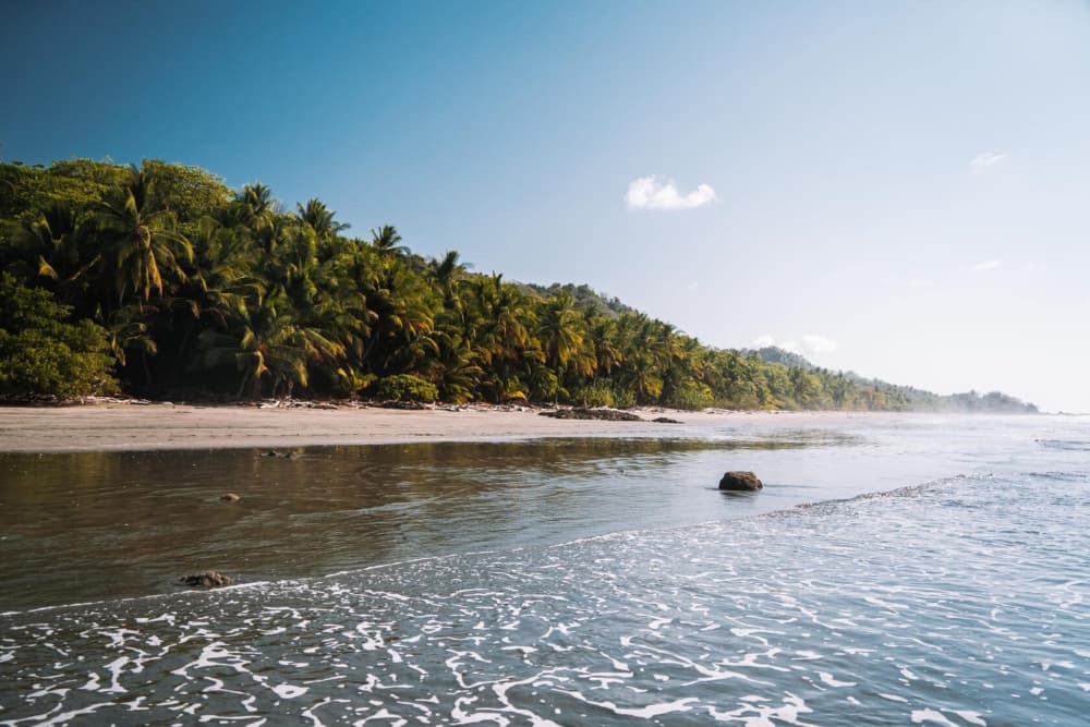 A long, sandy beach between the ocean and hills covered in lush tropical vegetation