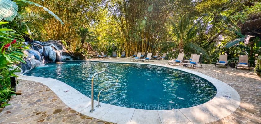 A serene pool surrounded by tropical greenery and lounge chairs.