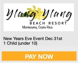 Logo of Ylang Ylang Beach Resort with New Year's Eve event details for one child under 10 in Montezuma, Costa Rica.