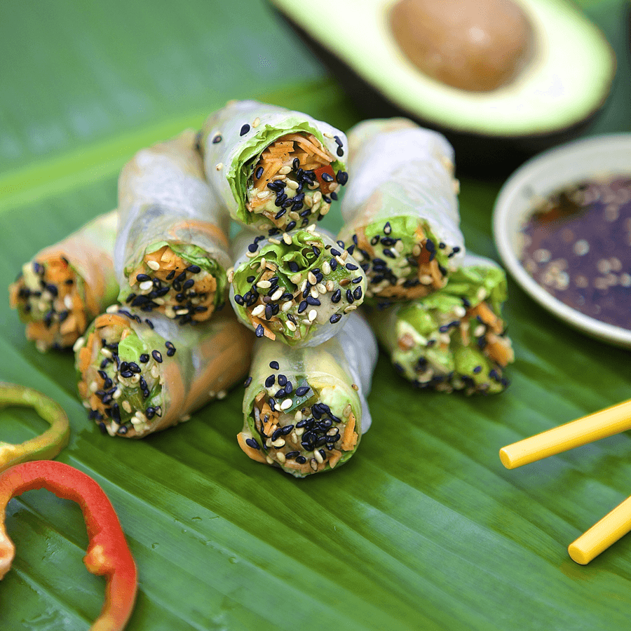 Gluten Free eggroll wraps with fresh greens and seeds
