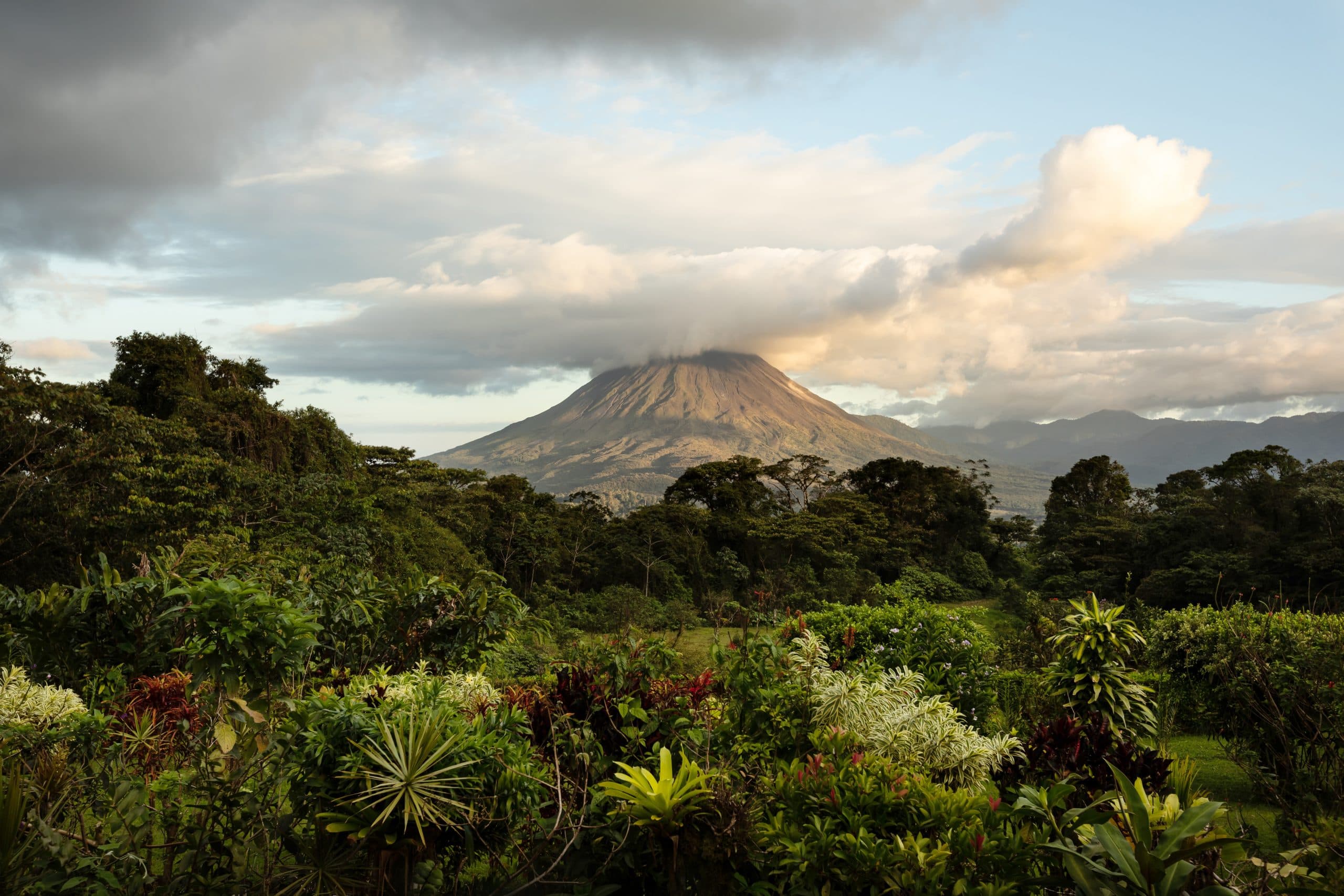 A volcano rises in the background, surrounded by lush greenery and clouds.