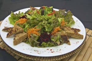 A fresh salad with mixed greens, carrots, and tortilla strips served on a white plate.