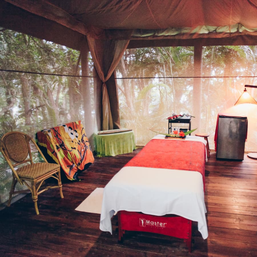 Screened-in cabana surrounded by tropical jungle with hardwood floors and a massage table