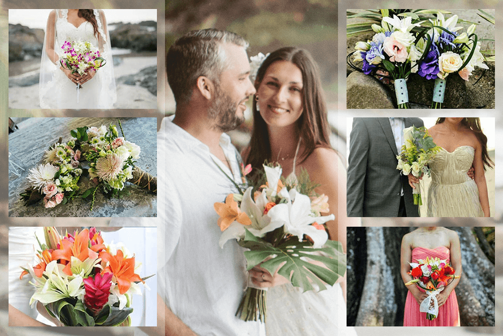 collage of tropical wedding bouquets