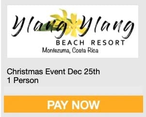 Ylang Ylang Beach Resort logo with details for a Christmas event on December 25th for one person and a "Pay Now" button.