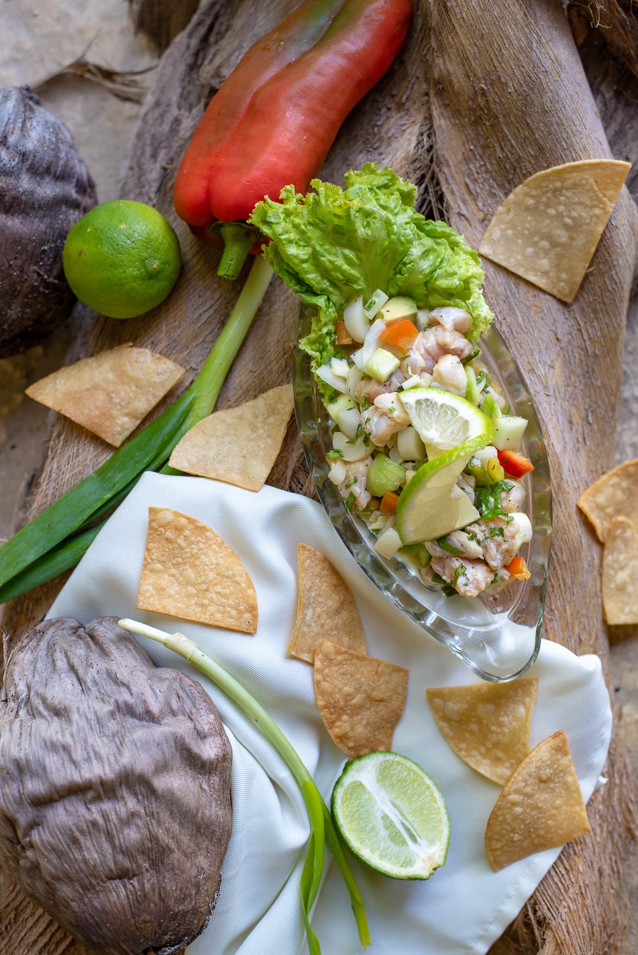 ceviche bow with chips surrounded with limes, peppers and coconuts