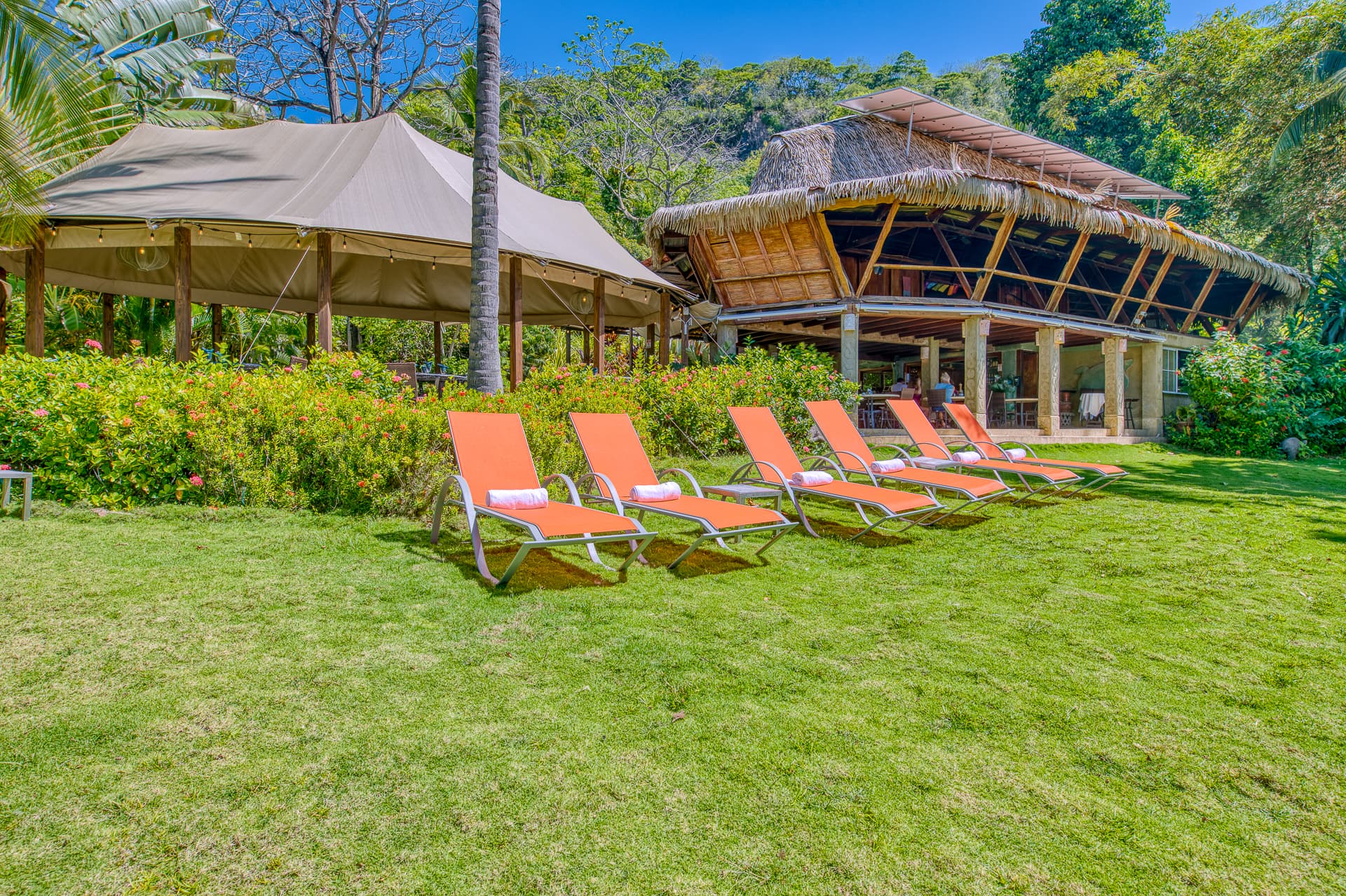 many tan lounge chairs in front of dining area