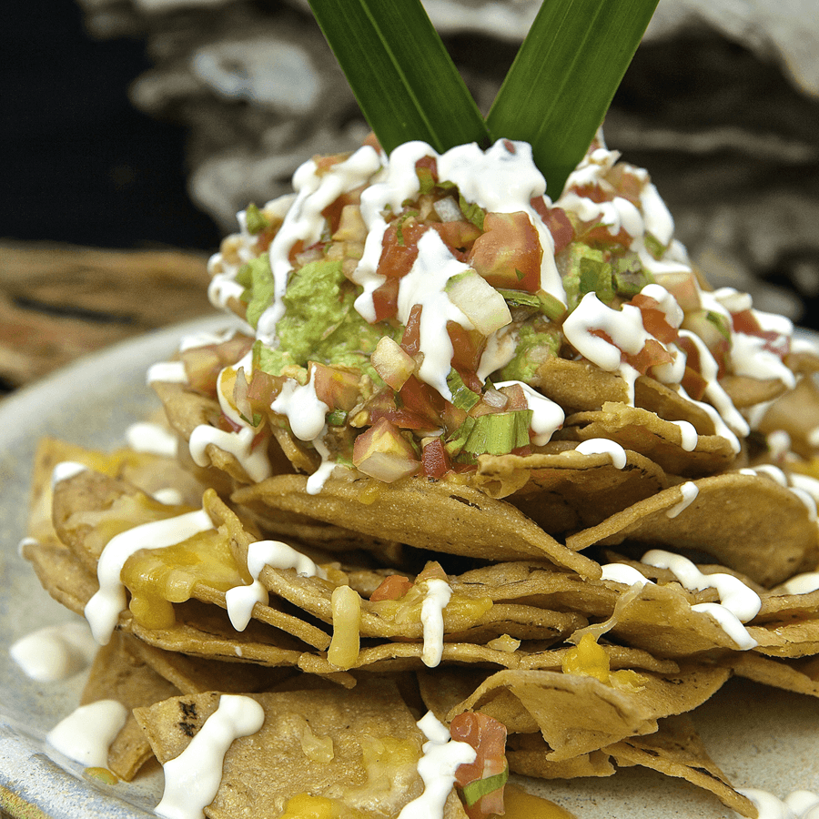 Fresh baked chips stacked high with salsa and guacamole