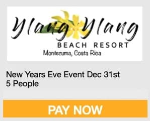 Graphic promoting a New Year's Eve event for five people at Ylang Ylang Beach Resort in Montezuma, Costa Rica, with a "Pay Now" button.