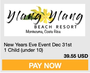Graphic that reads Ylang Ylang Beach Resort Montezuma Costa Rica New Year's Eve Event Dec 31st 1 Child (under 10) 39.55 USD Pay Now