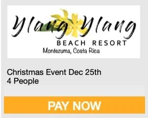 Logo of Ylang Ylang Beach Resort in Montezuma, Costa Rica, with details about a Christmas event for four people and a "Pay Now" button.