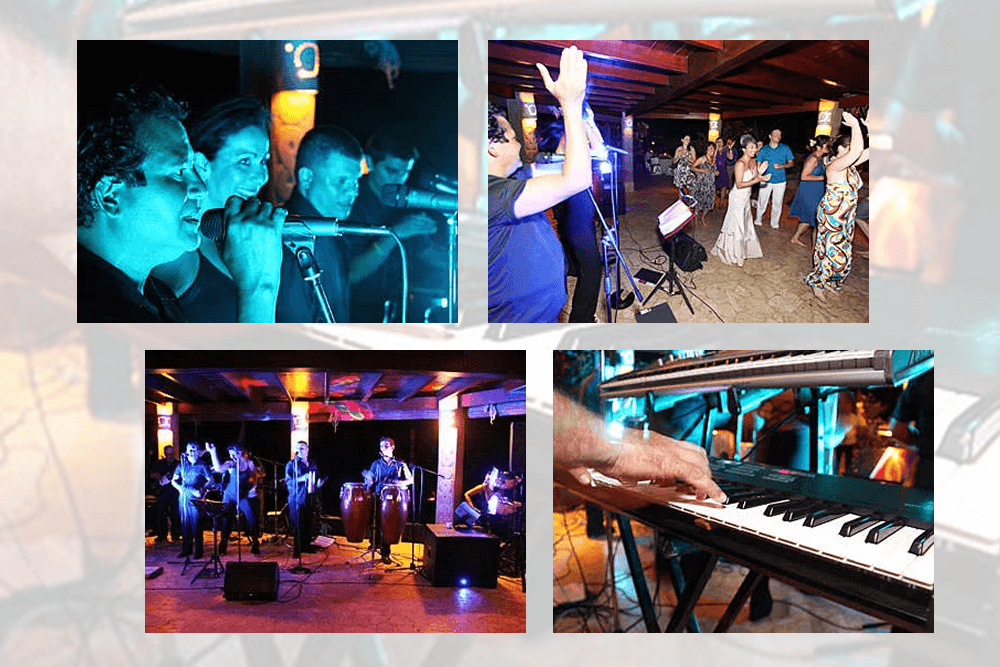 Group of 4 photos of band singing, playing keyboards and people in the audience watching.