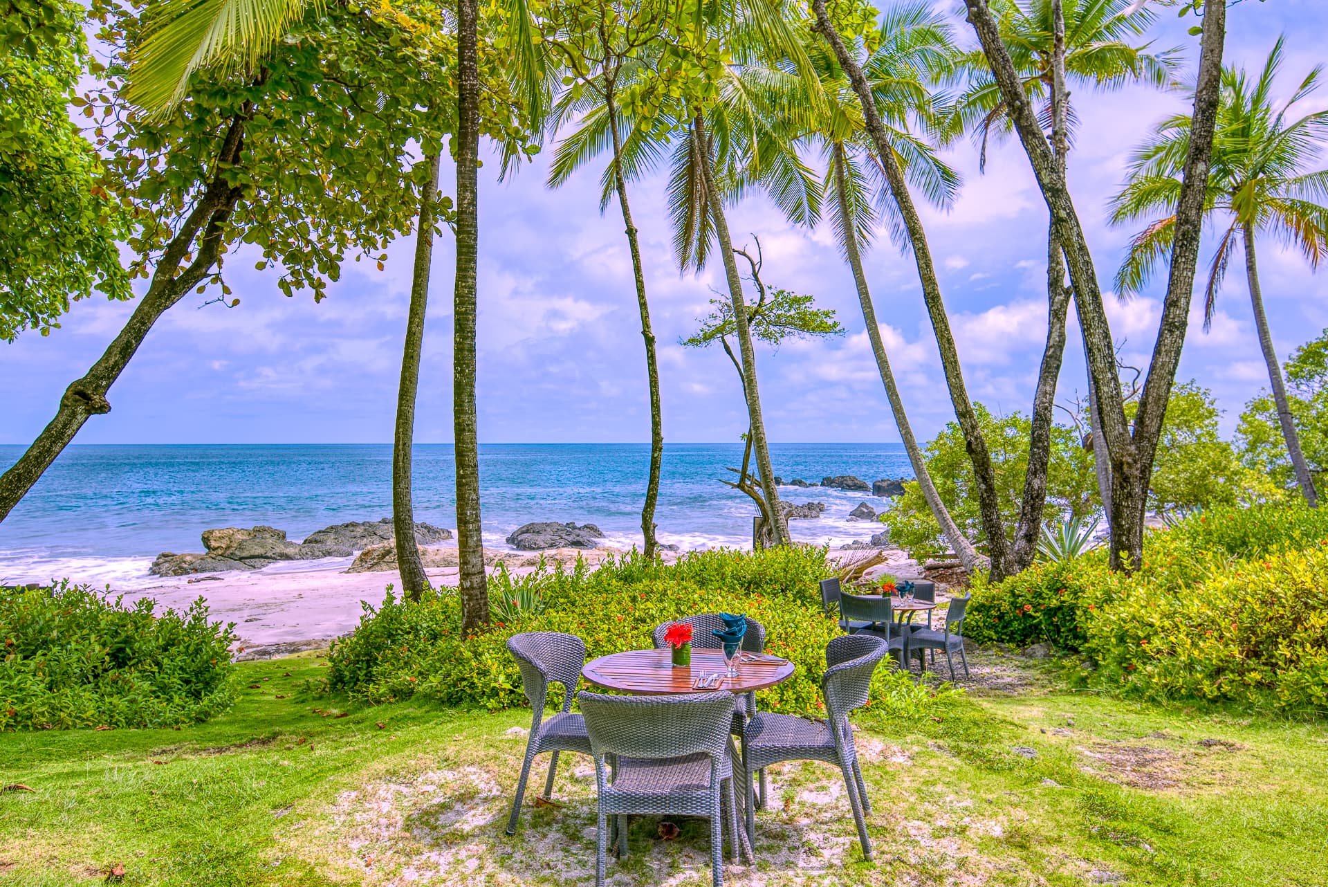 Exterior dining table, with palm trees and ocean in background