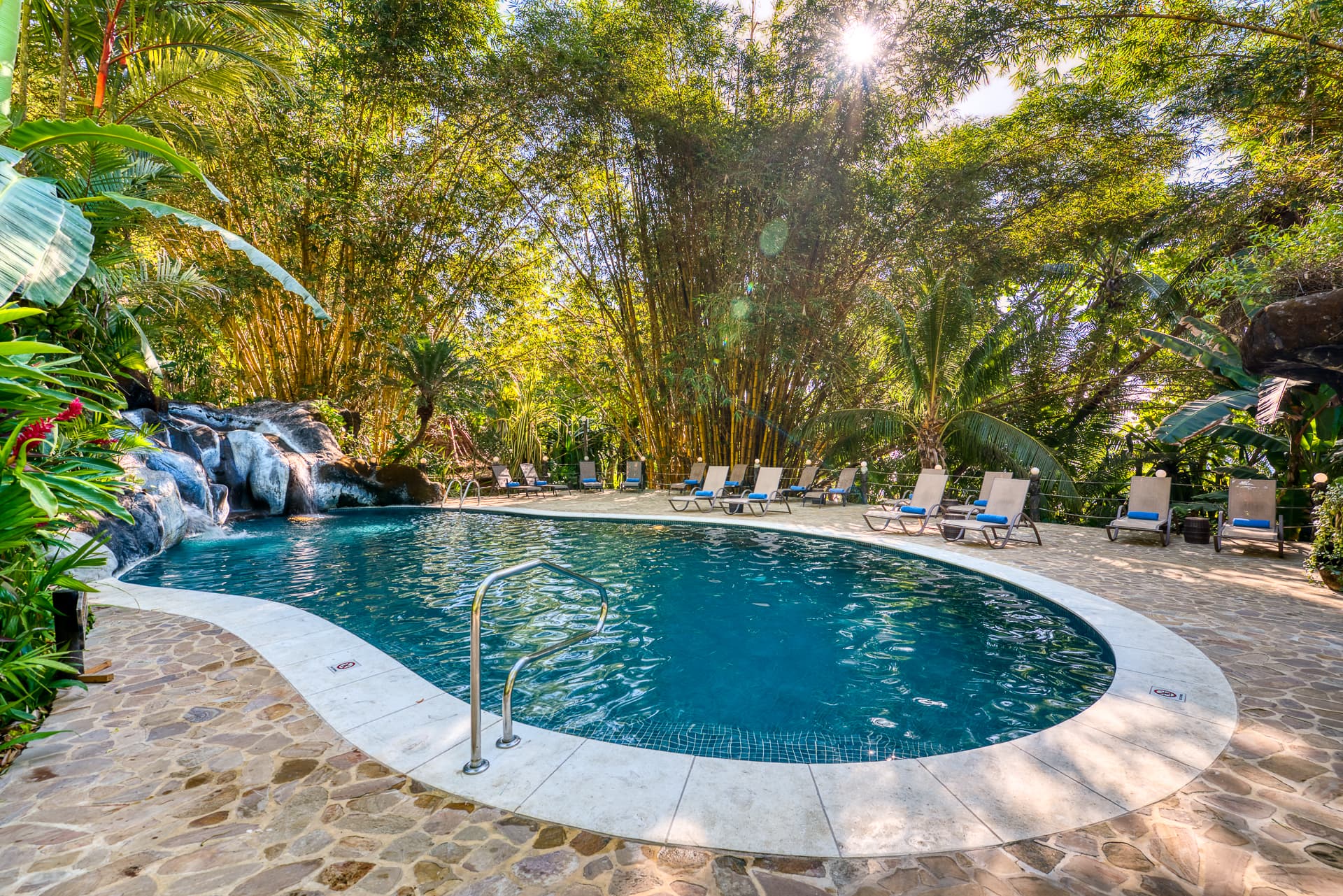 Lush greenery, including bamboo trees and tropical foliage, create a relaxing atmosphere around a sparkling blue pool with a waterfall at one end of the pool.