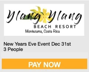 Logo of Ylang Ylang Beach Resort in Montezuma, Costa Rica, promoting a New Year's Eve event on December 31st for three people with a "Pay Now" button.