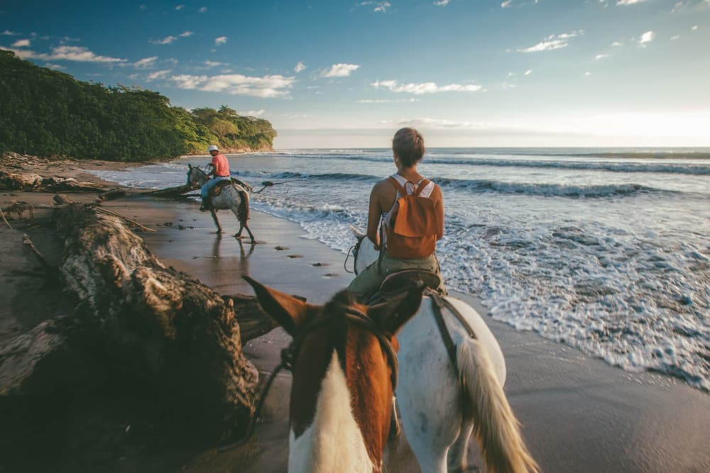 Two people riding horses on a wet, sandy beach while ocean waves gently lap the shore
