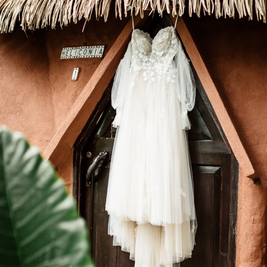 A wedding dress hangs on a door under a thatched roof, with a plant partially visible in the foreground.
