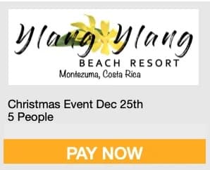 Advertisement for Ylang Ylang Beach Resort's Christmas event on December 25th for five people, featuring a "Pay Now" button.