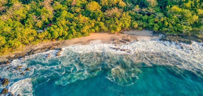 Aerial view of a serene beach surrounded by lush greenery and rolling waves.