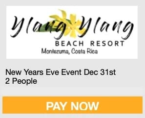 Advertisement for a New Year's Eve event at Ylang Ylang Beach Resort, Montezuma, Costa Rica, for two people.