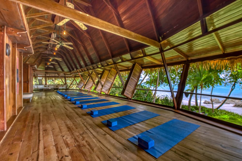 Long view of a yoga studio with a row of blue floor mats and windows with a view of the beach and ocean