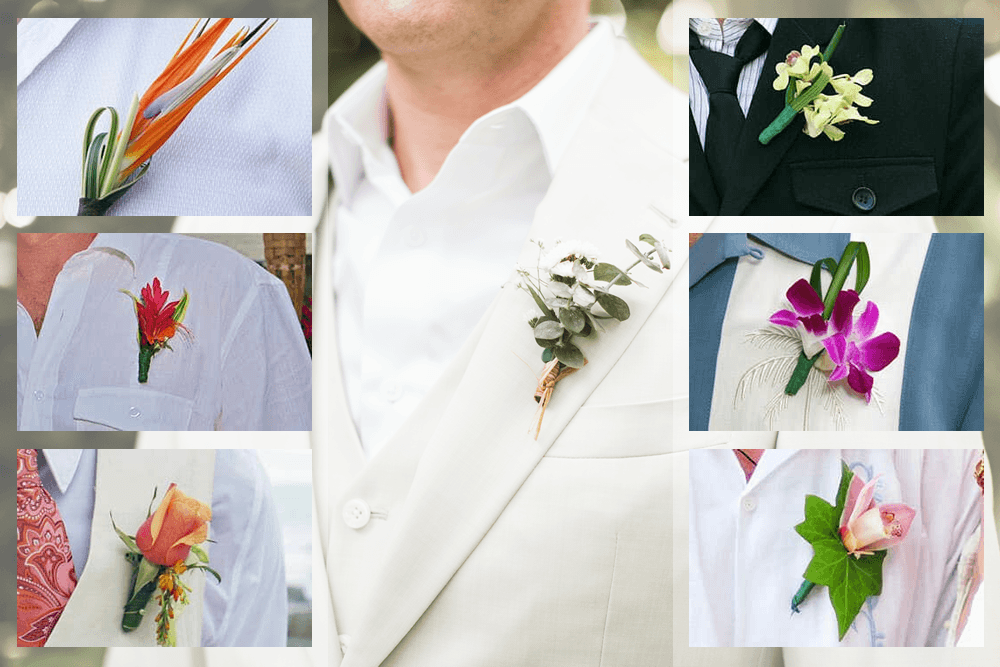 A collage of different boutonnieres for men's suits.
