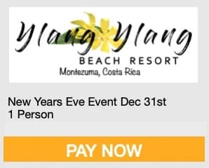 Ylang Ylang Beach Resort advertisement for a New Year's Eve event in Montezuma, Costa Rica.