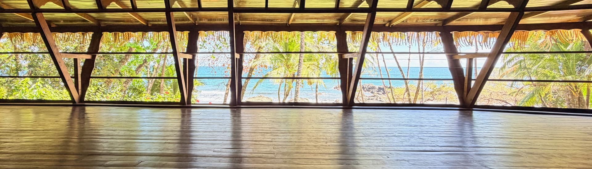 Open space with wooden flooring and large windows showcasing a tropical beach view.