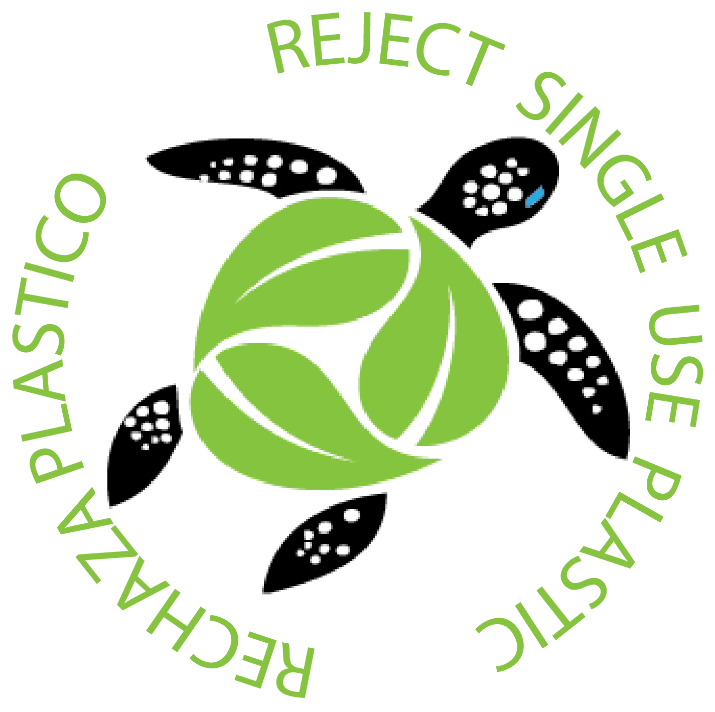 Green sea turtle logo that reads "Reject single use plastic"