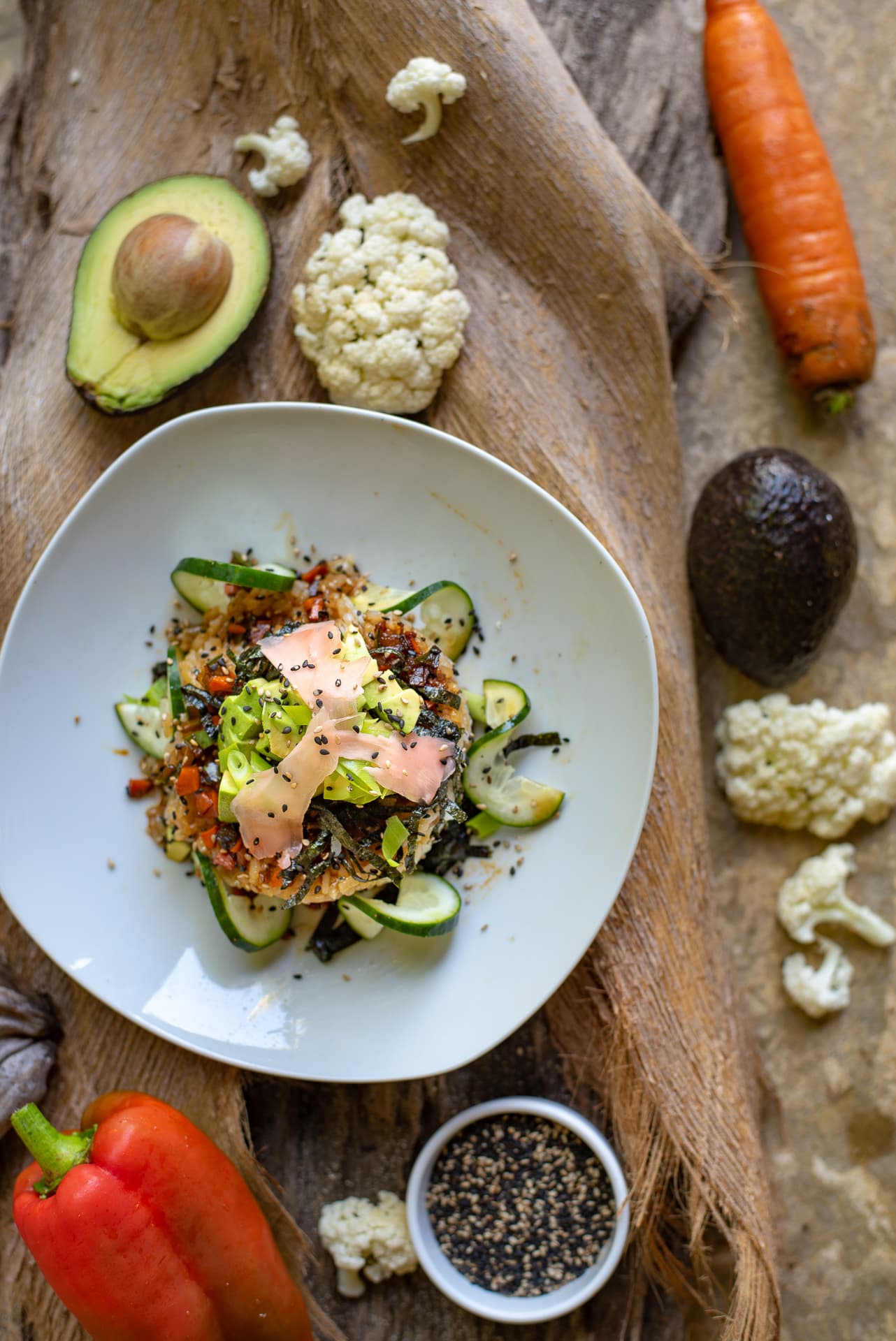 white place on wood table with vegetables and sea food