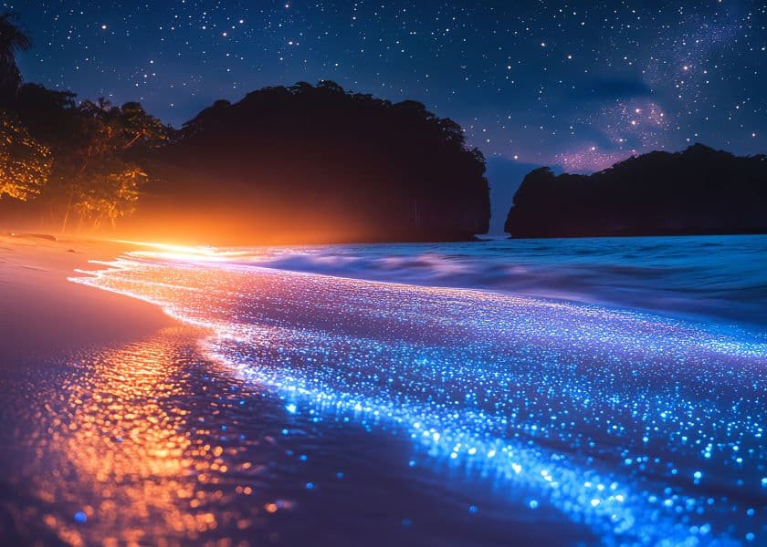 bioluminescent waves glowing blue on beach at night with starry sky and dark cliffs in background bioluminescent waves glowing blue on beach at night with starry sky and dark cliffs in background
